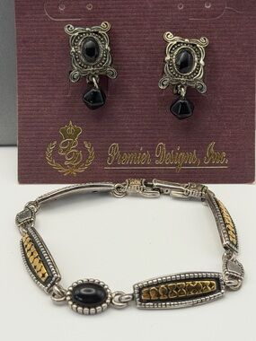 Premier Designs Black and Gold-Tone Bracelet with Matching Drop Earrings Vintage